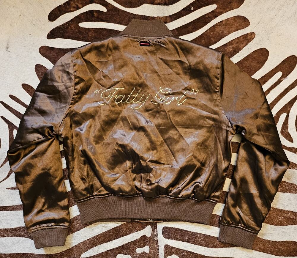 Vintage Y2K FUBU Ladies Brown Bomber Jacket "Fatty Girl" Varsity Sz S HipHop